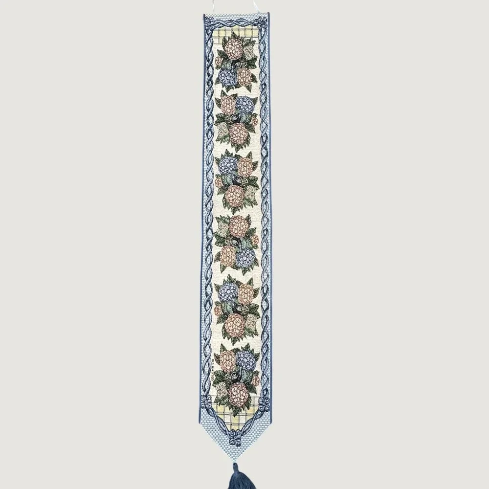 Floral Tapestry Wall Hanging Vertical Blue Tassel Wooden Dowel 48 in